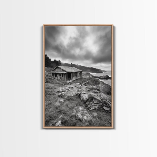 Abandoned Cabin, Coastal Cliff, Moody Landscape, Autumn Wall Art, Framed Canvas Print, Living Room Rustic Art, Farmhouse Aesthetic