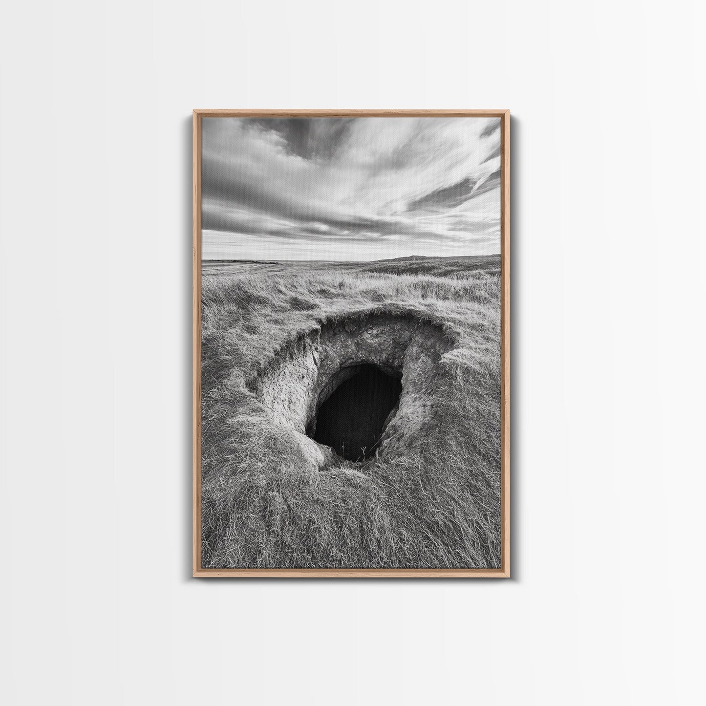Burrow Entrance, Hidden Hole, Grassland Tunnel, Canvas Print, Nature Wall Art, Living Room Decor, Black White Landscape Photography