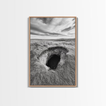 Burrow Entrance, Hidden Hole, Grassland Tunnel, Canvas Print, Nature Wall Art, Living Room Decor, Black White Landscape Photography