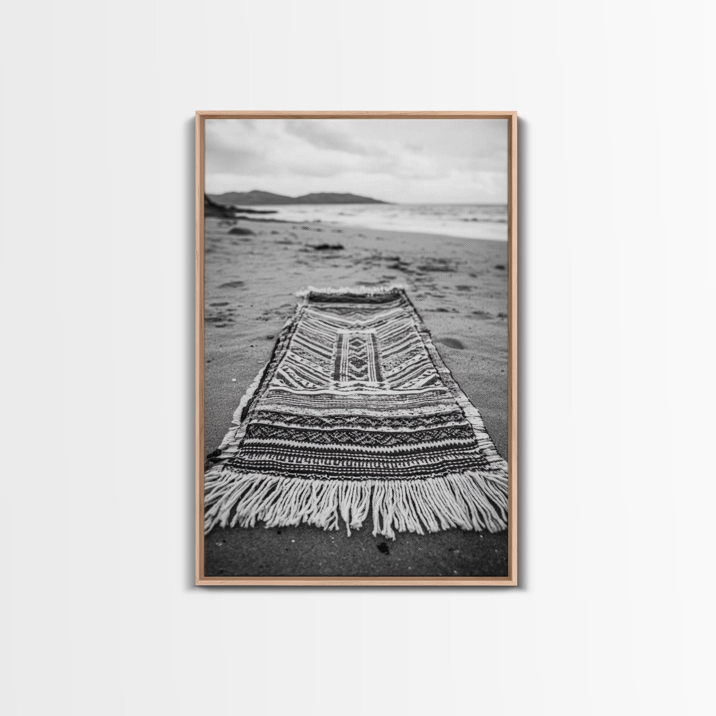 Woven Rug Beach, Bohemian Escape, Textile Texture, Black and White Canvas Print, Boho Bedroom or Yoga Studio Wall Decor