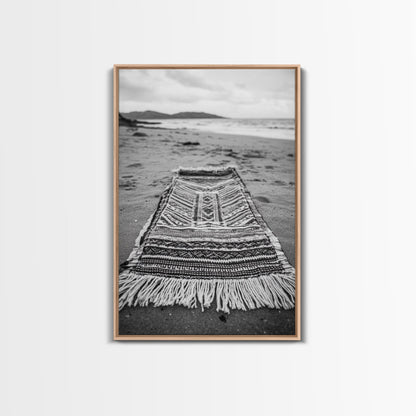 Woven Rug Beach, Bohemian Escape, Textile Texture, Black and White Canvas Print, Boho Bedroom or Yoga Studio Wall Decor