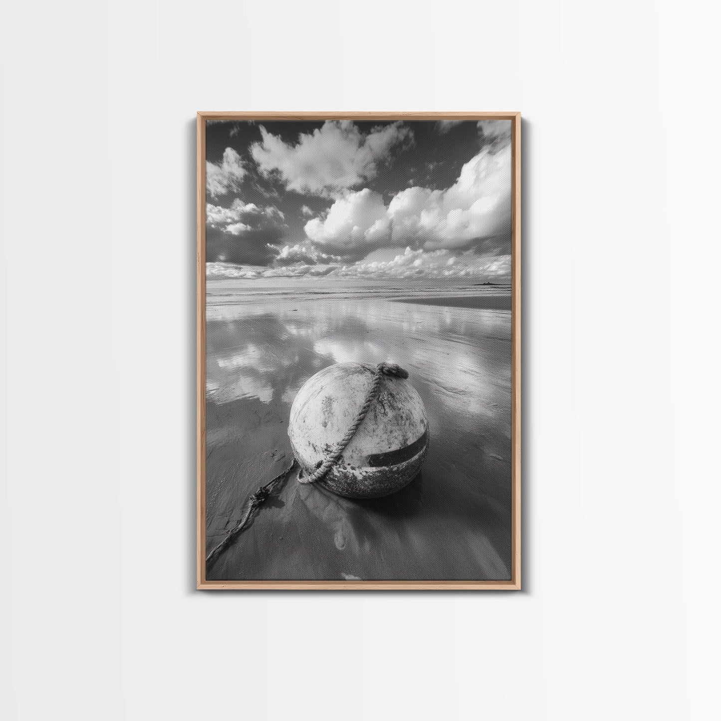 Washed buoy shore, coastal solitude, beach reflections, nautical simplicity, Framed Canvas Print, guest room art, seaside rustic wall decor