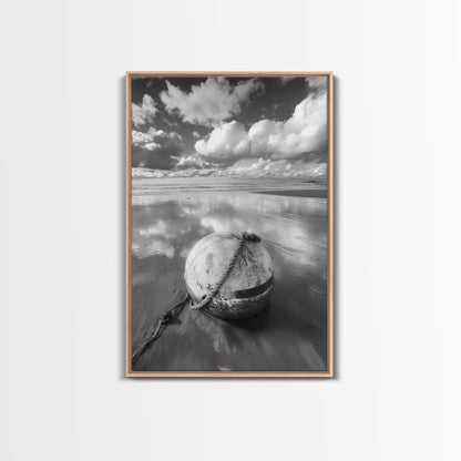 Washed buoy shore, coastal solitude, beach reflections, nautical simplicity, Framed Canvas Print, guest room art, seaside rustic wall decor