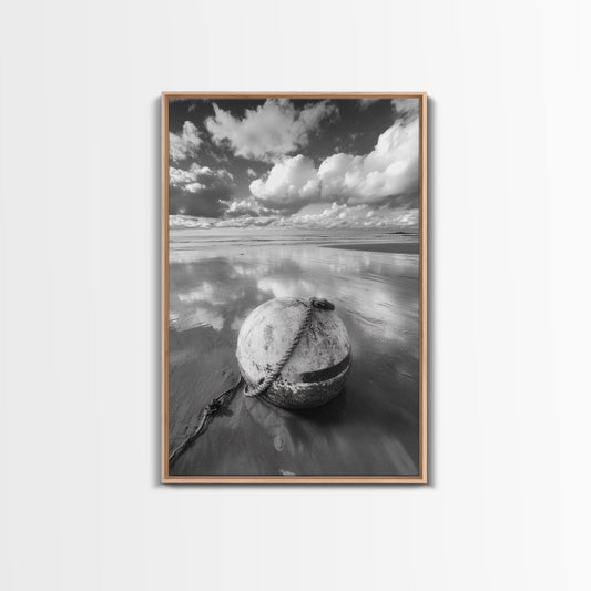 Washed buoy shore, coastal solitude, beach reflections, nautical simplicity, Framed Canvas Print, guest room art, seaside rustic wall decor