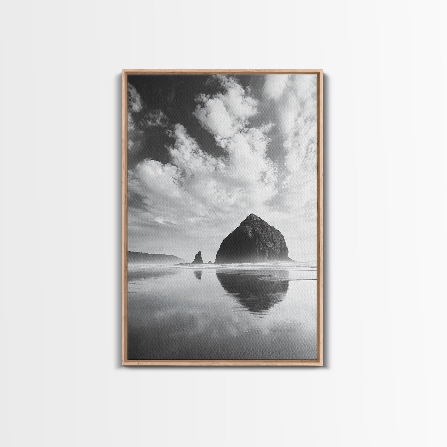 Iconic sea stack, Oregon coast art, tranquil reflections, dramatic clouds, Canvas Print, bedroom wall art, modern coastal minimalist decor