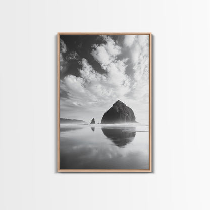 Iconic sea stack, Oregon coast art, tranquil reflections, dramatic clouds, Canvas Print, bedroom wall art, modern coastal minimalist decor
