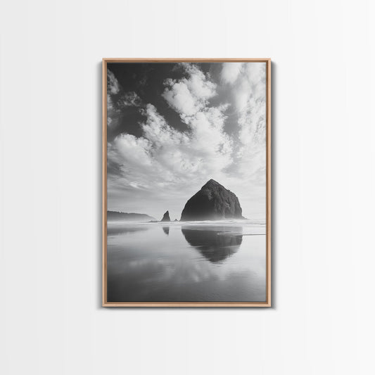 Iconic sea stack, Oregon coast art, tranquil reflections, dramatic clouds, Canvas Print, bedroom wall art, modern coastal minimalist decor