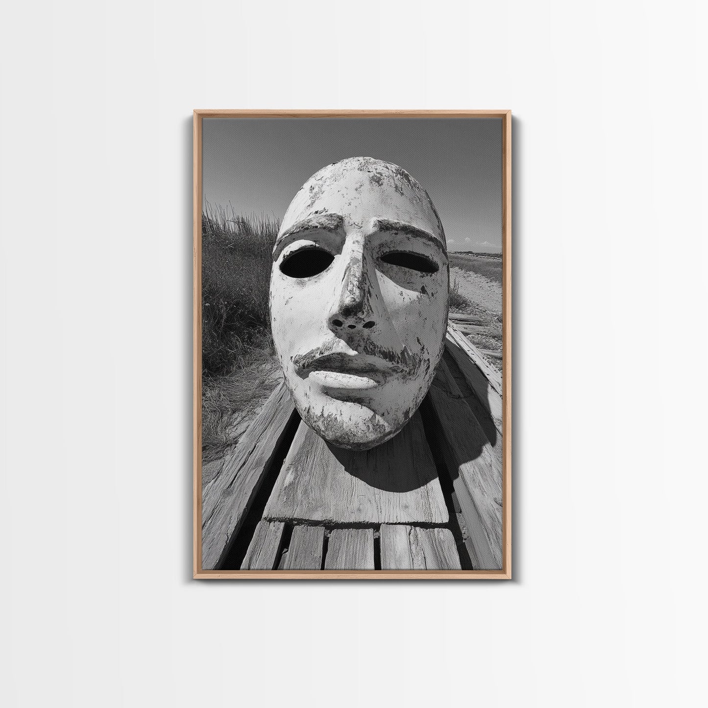 Weathered Mask, Coastal Surreal, Driftwood Dream, Canvas Print, Abstract Wall Art, Rustic Home Decor, Boho Artistic Style