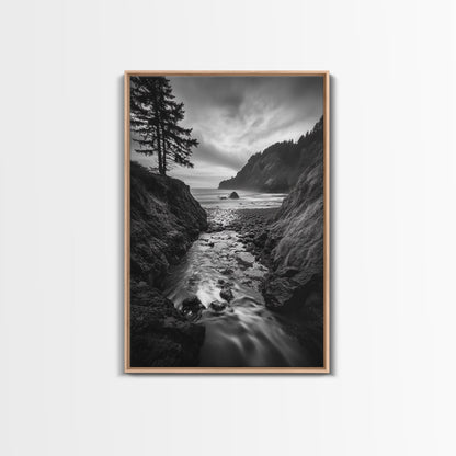 River Meets Sea, Forest Coast, Rugged Beauty, Sunset Flow, Canvas Print, Nature Wall Art, Moody Living Room Landscape