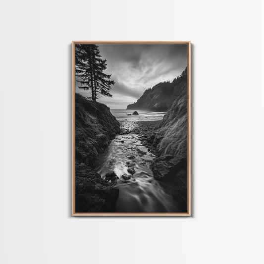 River Meets Sea, Forest Coast, Rugged Beauty, Sunset Flow, Canvas Print, Nature Wall Art, Moody Living Room Landscape