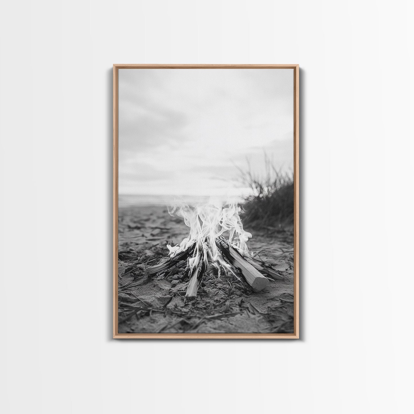 Campfire, Beach, Smoke, Glow - Cozy outdoor scene with flickering flame, Canvas Print, perfect rustic cabin or camping decor, Autumn Wall Art