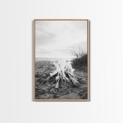 Campfire, Beach, Smoke, Glow - Cozy outdoor scene with flickering flame, Canvas Print, perfect rustic cabin or camping decor, Autumn Wall Art