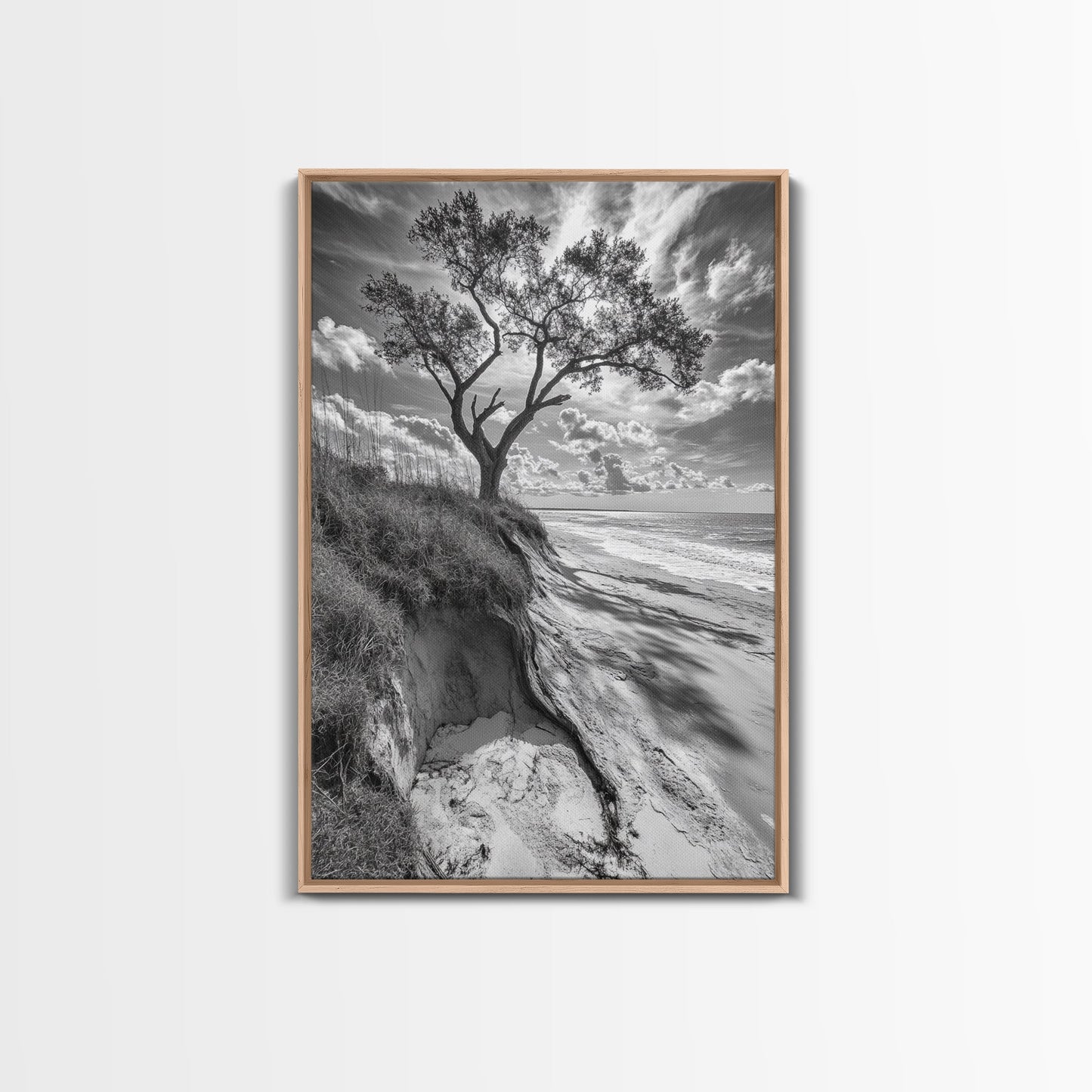 Coastal Tree Scene, Wind Swept Dune, Ocean Beach Horizon, Autumn Coastal Wall Art, Framed Canvas Print, Nature Lover Home Decor