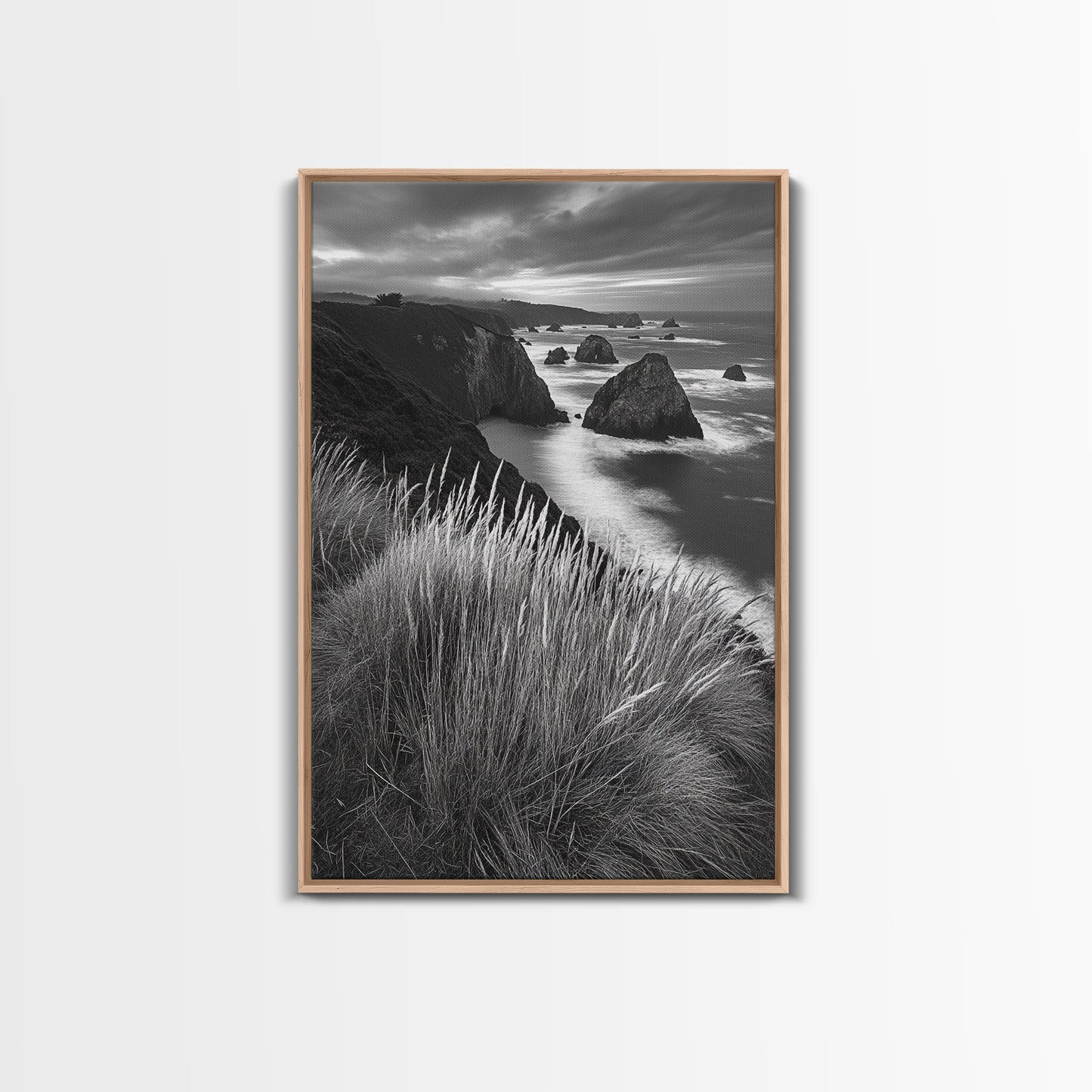 Coastal Cliffs, Ocean Rocks, Tall Grass, Canvas Print, Windswept Landscape Art, Beach House Wall Decor, Monochrome Nature Scene