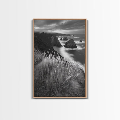 Coastal Cliffs, Ocean Rocks, Tall Grass, Canvas Print, Windswept Landscape Art, Beach House Wall Decor, Monochrome Nature Scene