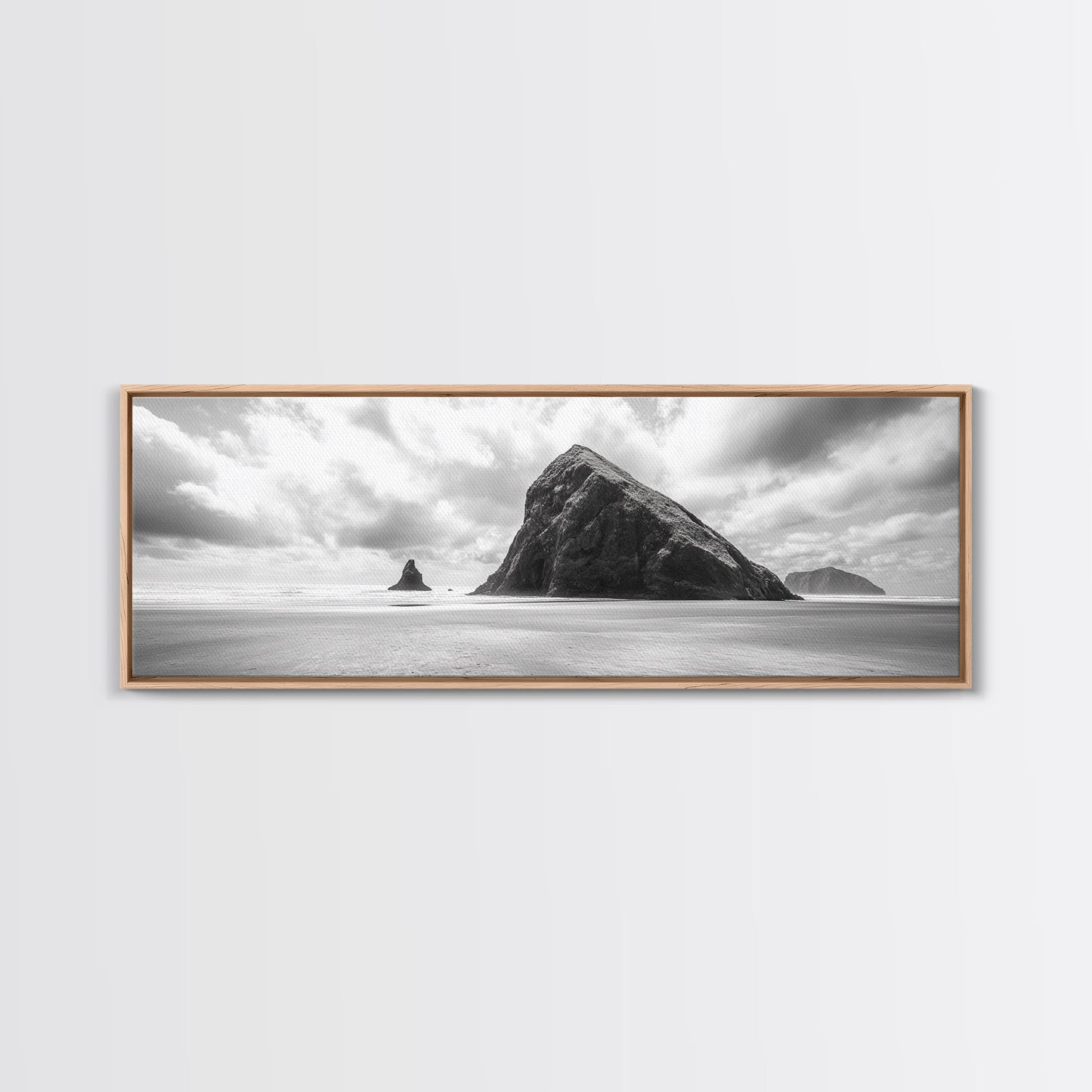 Sea Stack, Beach Horizon, Dramatic Sky, Monochrome Seascape, Framed Canvas Print, Coastal Wall Art, Modern Minimalist Entryway Decor