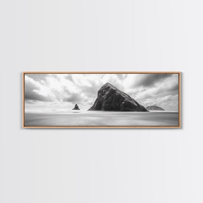 Sea Stack, Beach Horizon, Dramatic Sky, Monochrome Seascape, Framed Canvas Print, Coastal Wall Art, Modern Minimalist Entryway Decor