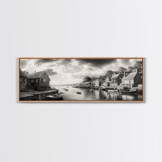 Coastal Village, Vintage Boats, Seaside Cottages, Harbor Scene, Framed Canvas Print, Nautical Wall Art, Rustic Decor, Living Room Wall Art