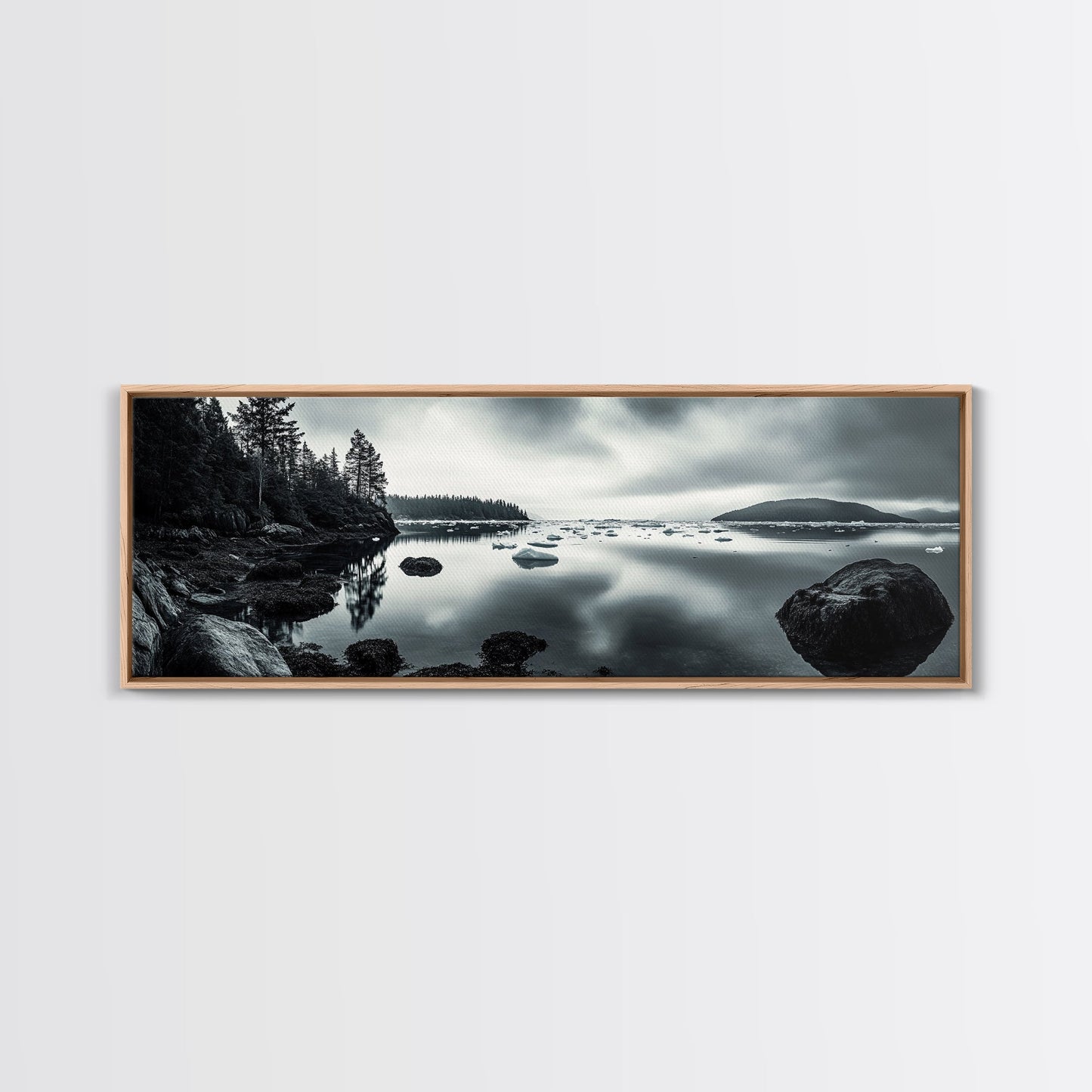 Arctic Shore, Ice Reflections, Northern Coastline, Framed Canvas Print, Moody ocean art, Coastal decor, Living room wall art, Monochrome nature