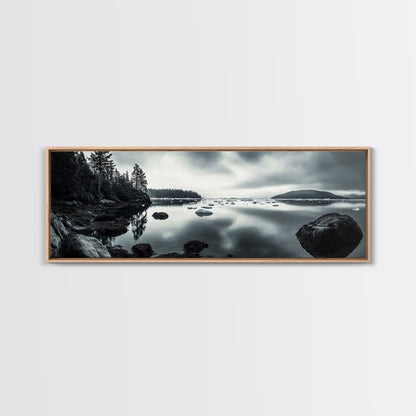 Arctic Shore, Ice Reflections, Northern Coastline, Framed Canvas Print, Moody ocean art, Coastal decor, Living room wall art, Monochrome nature