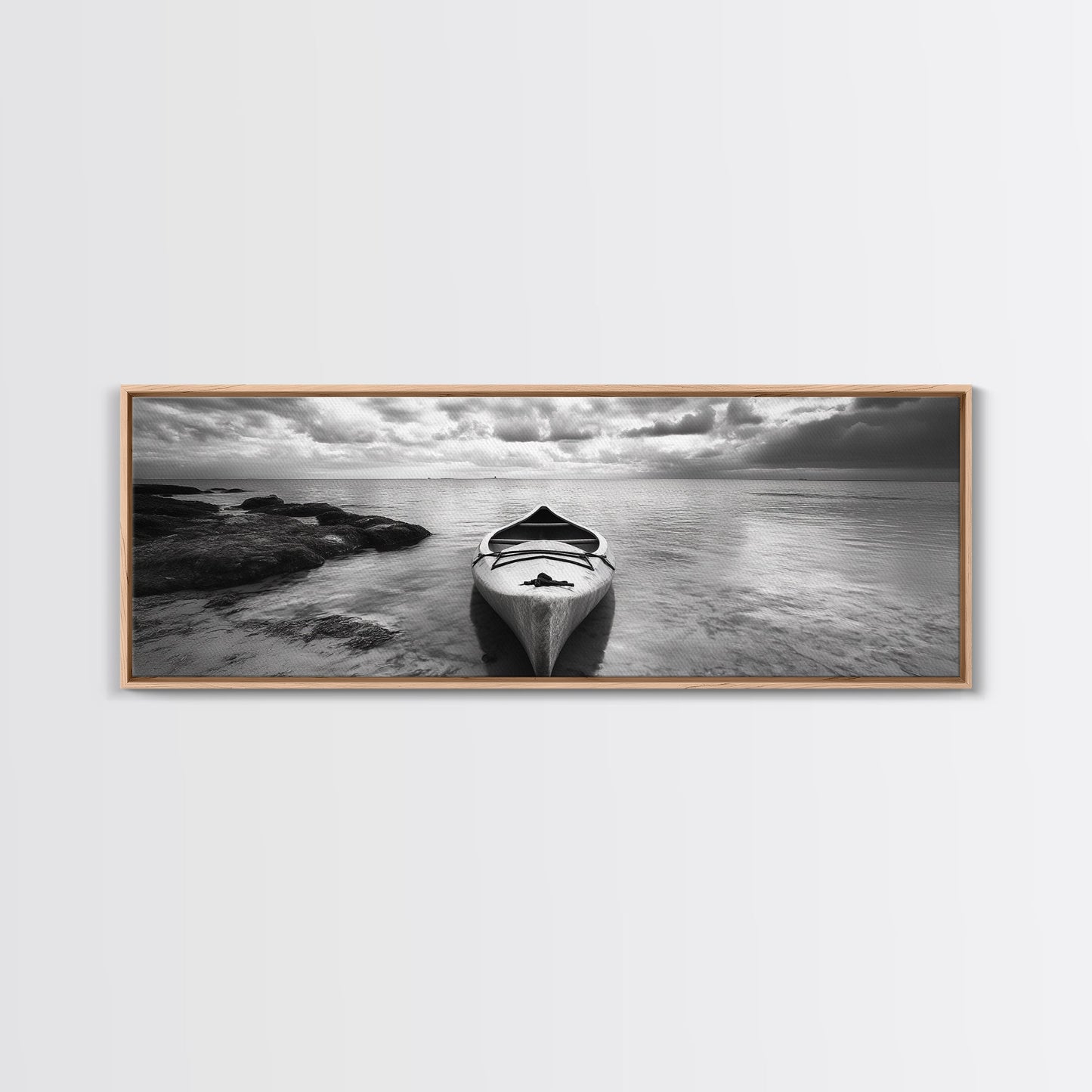 Canoe at Shore, Calm Waters, Peaceful Escape, Framed Canvas Print, Adventure art, Lakehouse decor, Hallway wall piece, Monochrome nature