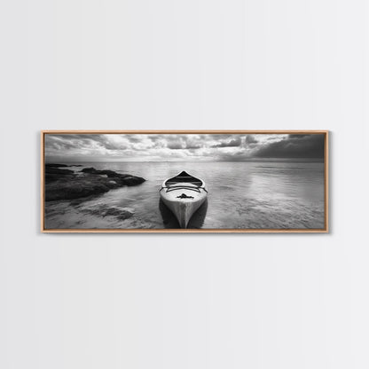 Canoe at Shore, Calm Waters, Peaceful Escape, Framed Canvas Print, Adventure art, Lakehouse decor, Hallway wall piece, Monochrome nature