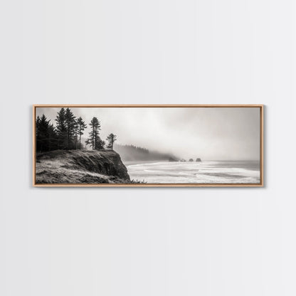 Foggy Pines, Ocean Horizon, Coastal Landscape, Moody Beach Scene, Canvas Print, Bedroom Wall Art, Rustic Cabin Decor, Nature Photography