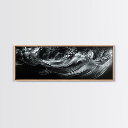 Abstract Ocean Waves, Motion Energy Art, Black and White Fluid Lines, Framed Canvas Print, Modern Wall Art, Minimalist Living Room