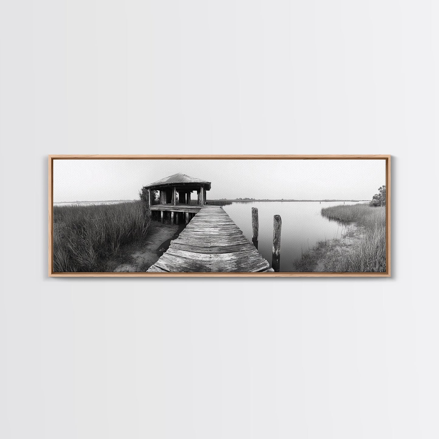 Abandoned Pier, Lakeside Shack, Black and White Marsh, Framed Canvas Print, Rustic Entryway Art, Minimalist Coastal Cabin Decor