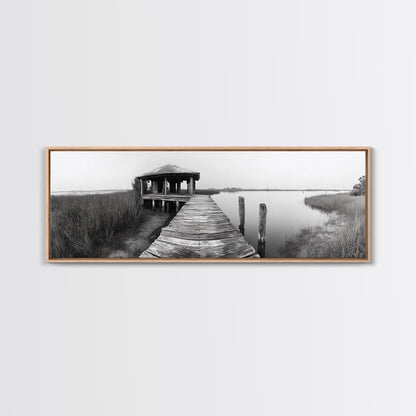 Abandoned Pier, Lakeside Shack, Black and White Marsh, Framed Canvas Print, Rustic Entryway Art, Minimalist Coastal Cabin Decor