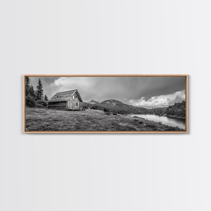 Cabin On Hill, Mountain Lake, Rustic Retreat, Canvas Print, Fall Wall Art, Cozy Home Decor, Adventure Landscape, Nature-Inspired Design