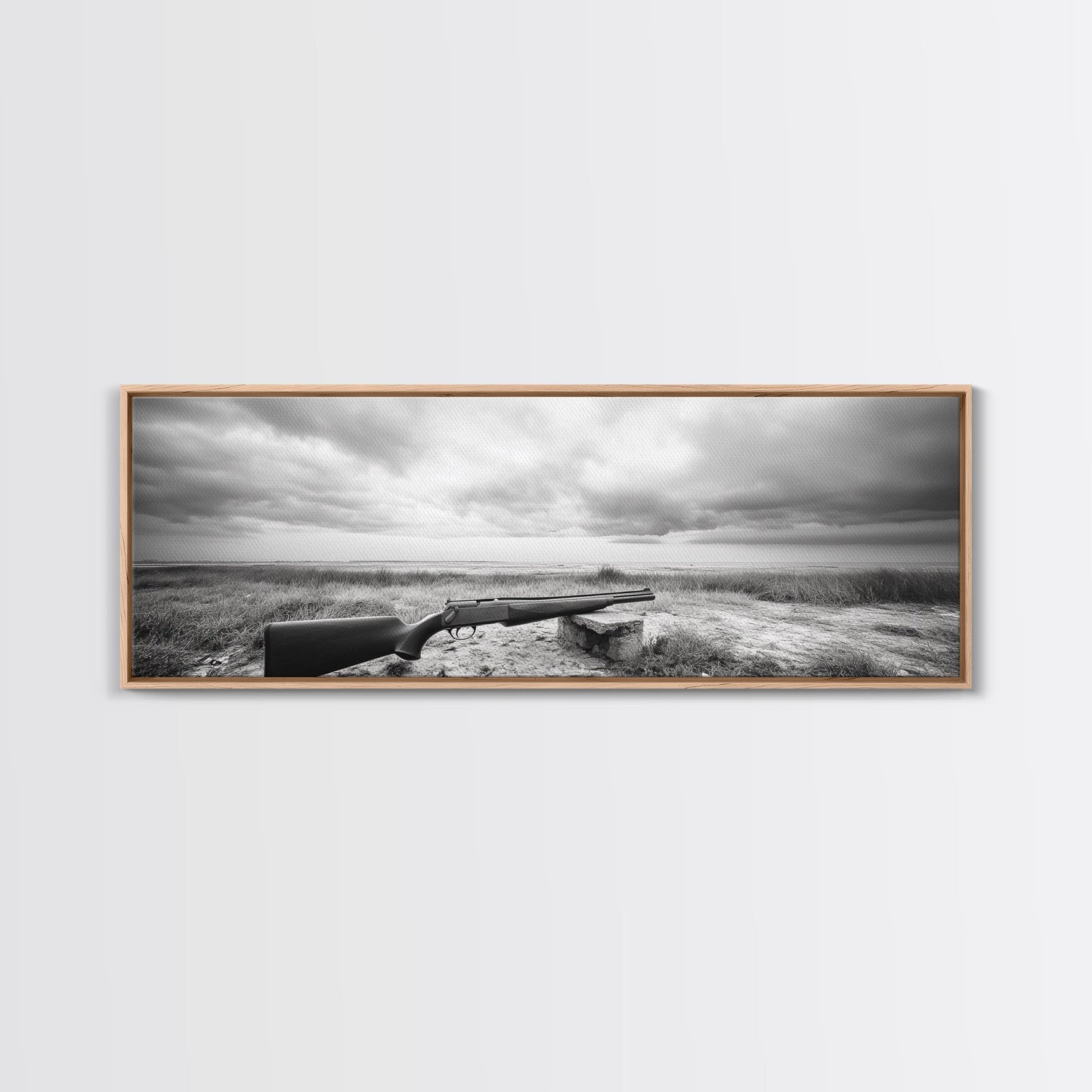 Coastal Rifle Scene, Outdoorsman Decor, Field and Sky Black and White Framed Canvas Print, Autumn Cabin or Lodge Wall Art