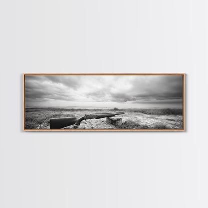 Coastal Rifle Scene, Outdoorsman Decor, Field and Sky Black and White Framed Canvas Print, Autumn Cabin or Lodge Wall Art