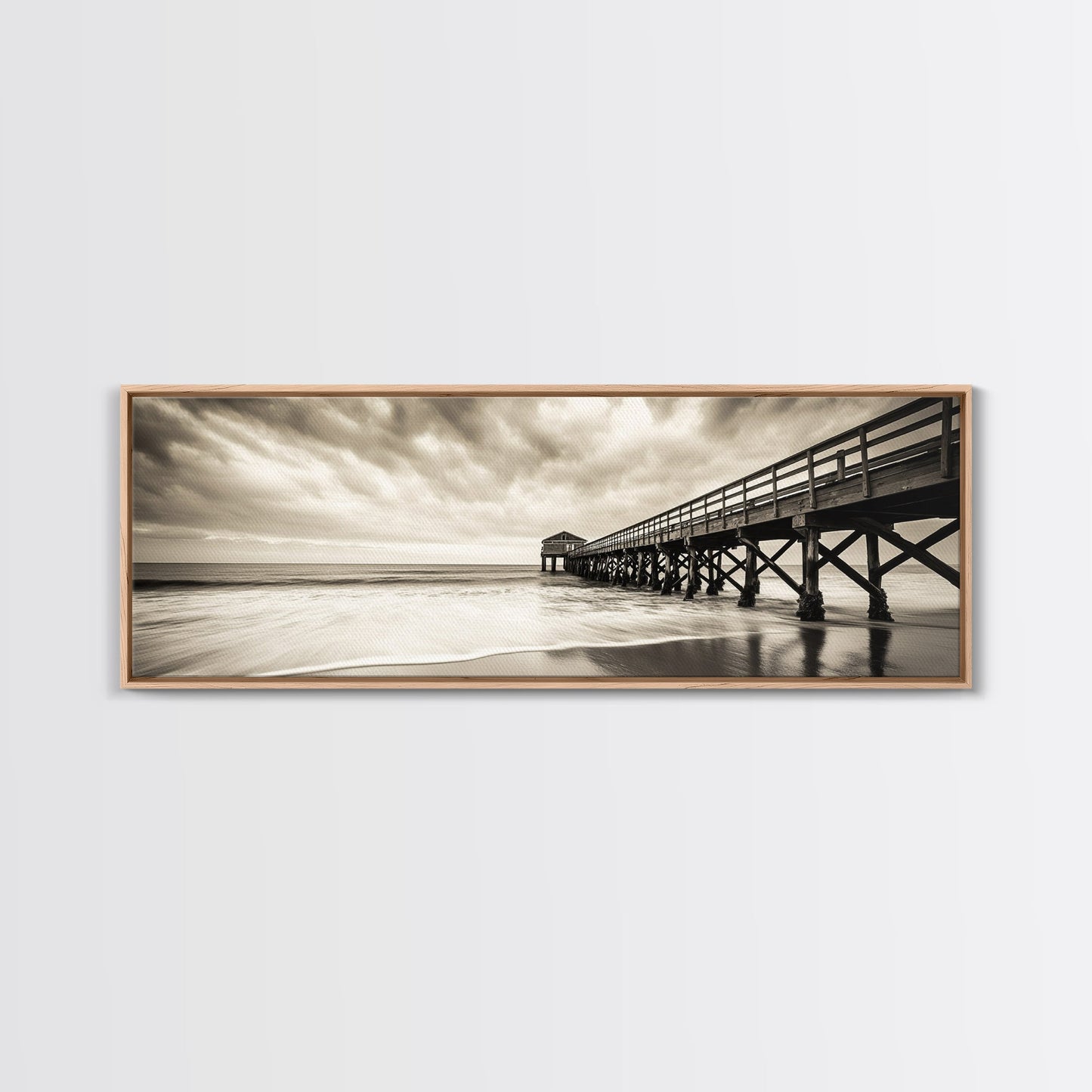 Pier at Dusk, Ocean Boardwalk, Stormy Beach Horizon, Framed Canvas Print, Moody Coastal Wall Art, Nautical Living Room Decor
