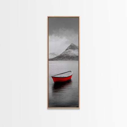 Red Boat, Serene Waters, Mountain Reflection, Winter Landscape – Framed Canvas Print, Minimalist Wall Art, Bedroom Decor, Nature Tranquility