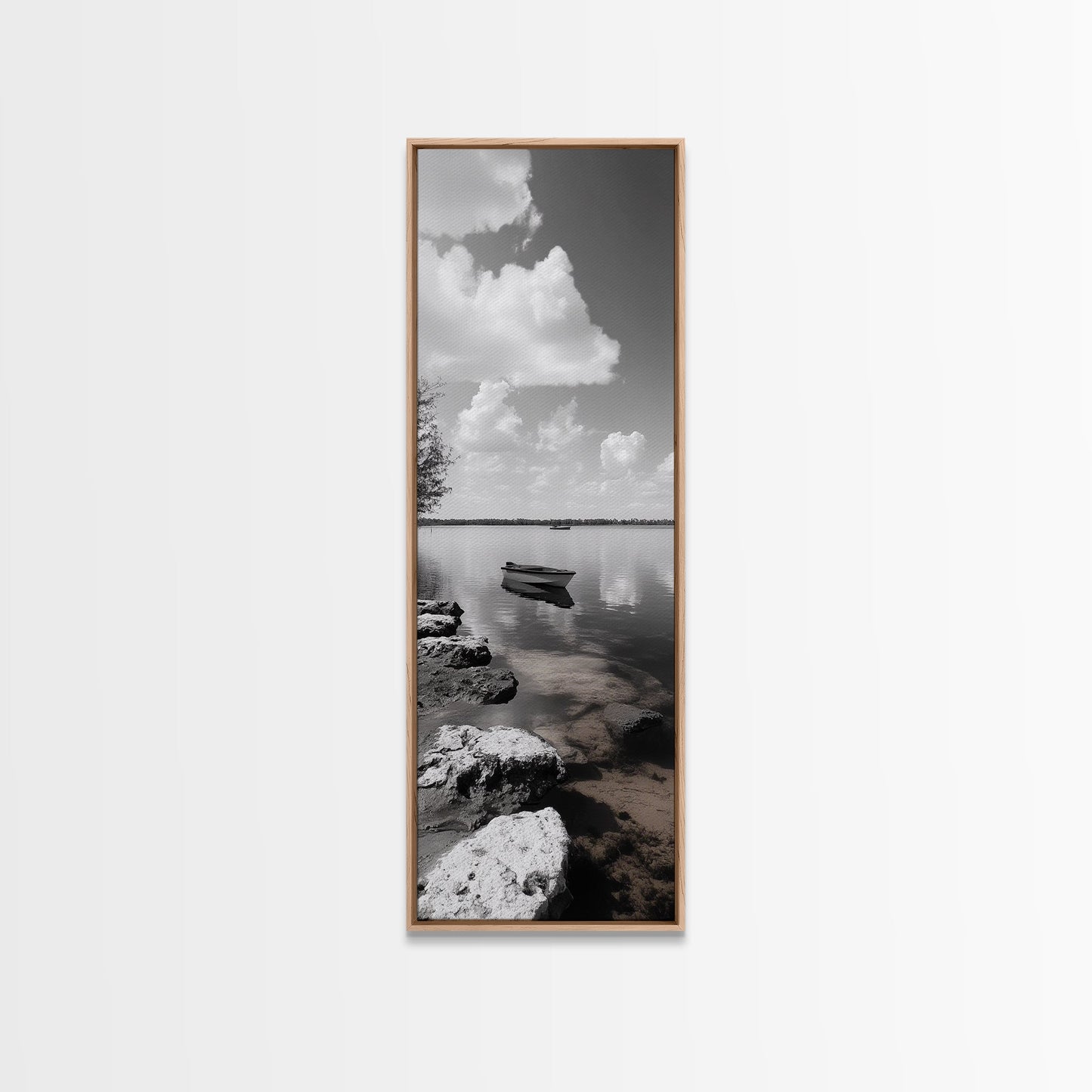 Monochrome Boat Lake, Peaceful Dockside, Still Waters, Minimal Calm, Framed Canvas Print, Bedroom Wall Art, Black White Photography