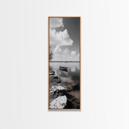 Monochrome Boat Lake, Peaceful Dockside, Still Waters, Minimal Calm, Framed Canvas Print, Bedroom Wall Art, Black White Photography