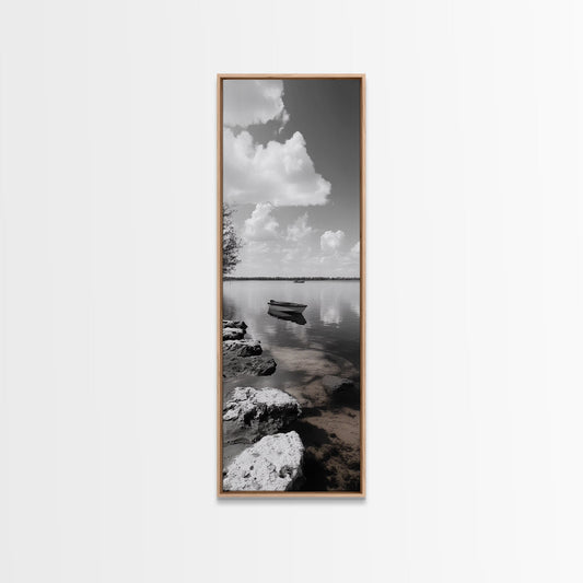 Monochrome Boat Lake, Peaceful Dockside, Still Waters, Minimal Calm, Framed Canvas Print, Bedroom Wall Art, Black White Photography