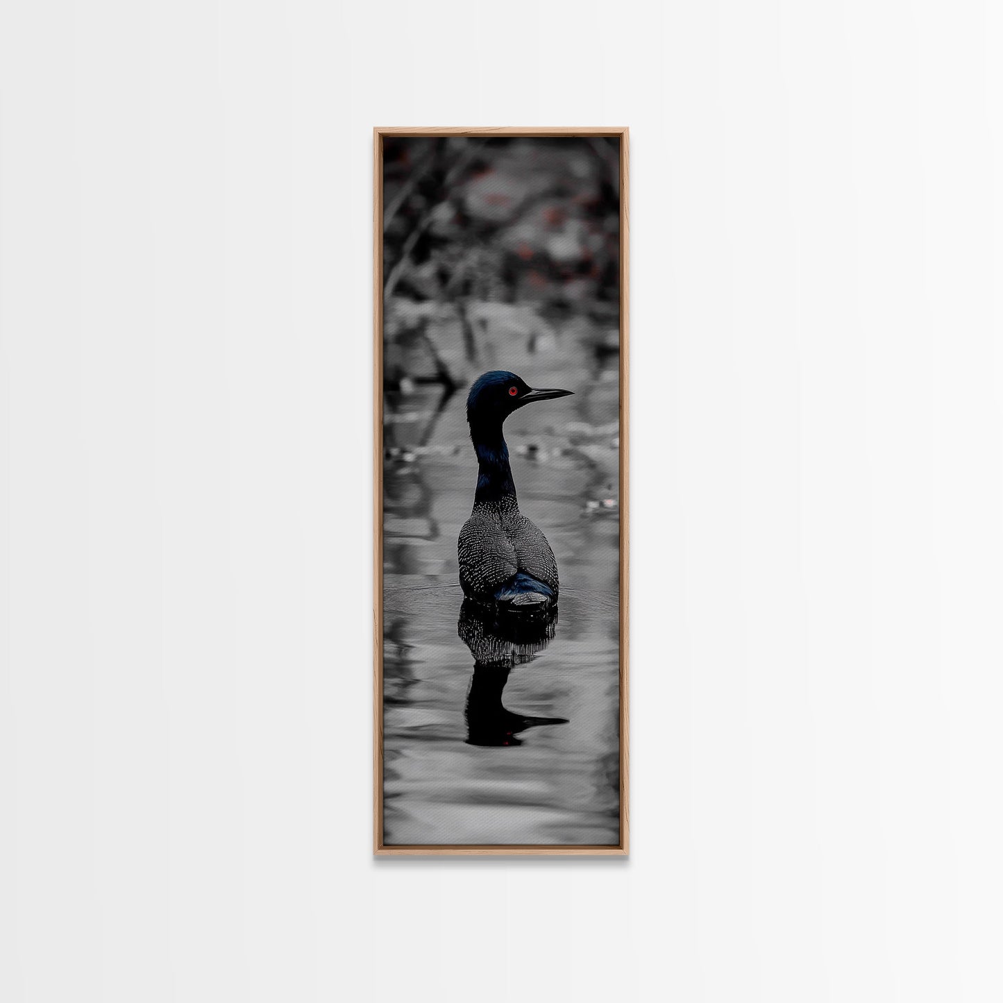 Blue Loon, Water Reflection, Elegant Bird, Lake Life Framed Canvas Print, cabin decor, nature wall art, minimalist bird art, office wall art