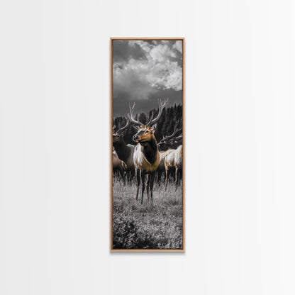 Majestic Elk, Forest Wildlife, Autumn Scene, Nature Herd, Framed Canvas Print, rustic lodge decor, cabin wall art, woodland style