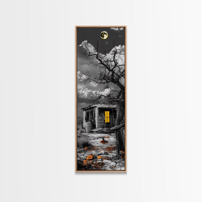 Haunted Cabin, Yellow Light, Full Moon, Framed Canvas Print, Halloween Wall Art, Gothic Decor, Spooky Home Accent, Fall Vibes