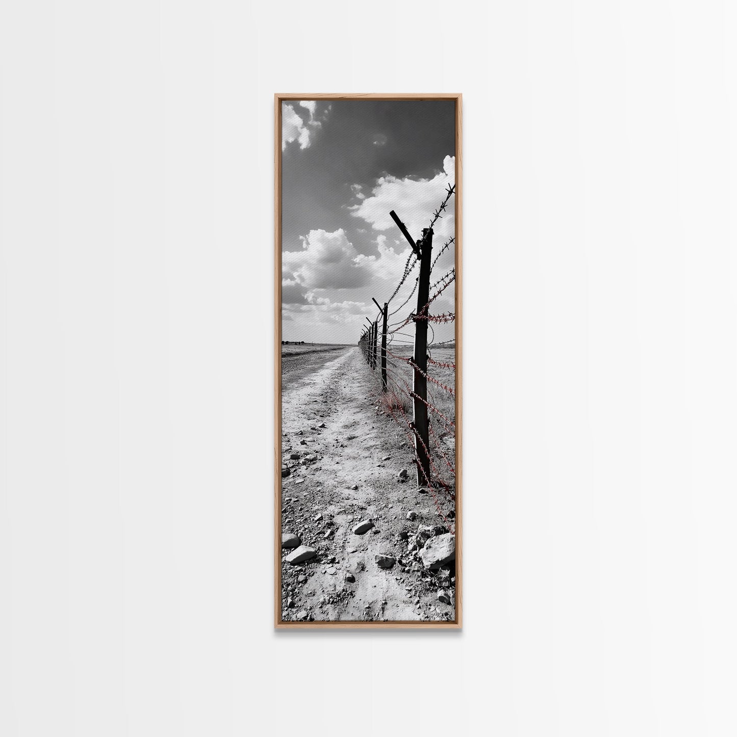 Red Barbed Wire, Desert Fence, Dystopian Path, Framed Canvas Print, Western Rustic Decor, Grunge Wall Art, Monochrome Landscape Style