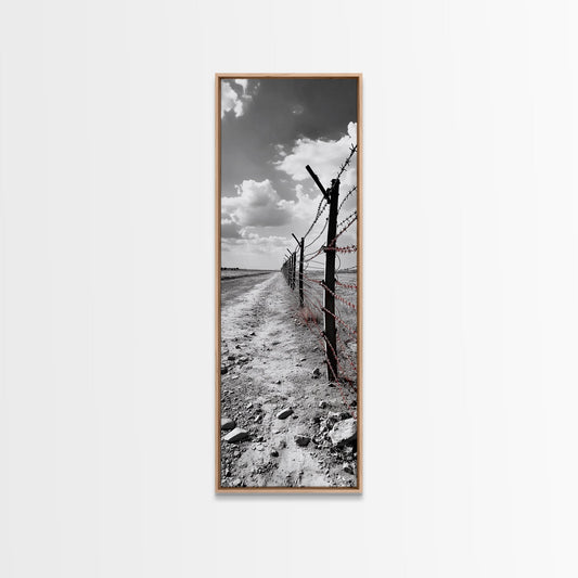 Red Barbed Wire, Desert Fence, Dystopian Path, Framed Canvas Print, Western Rustic Decor, Grunge Wall Art, Monochrome Landscape Style
