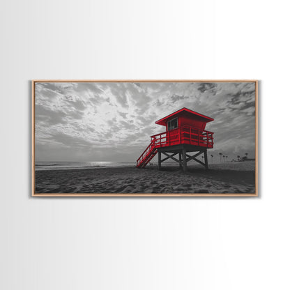 Red Lifeguard Tower, Beachscape, Dramatic Sky, Coastal Life, Framed Canvas Print, Modern Beach Wall Art, Bold Bathroom Decor