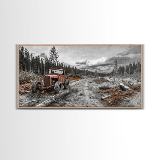 Abandoned Truck, Forest Path, Rustic Vibes, Framed Canvas Print, Autumn Wall Art, Cabin Decor, Farmhouse Style, Vintage Nature Photography