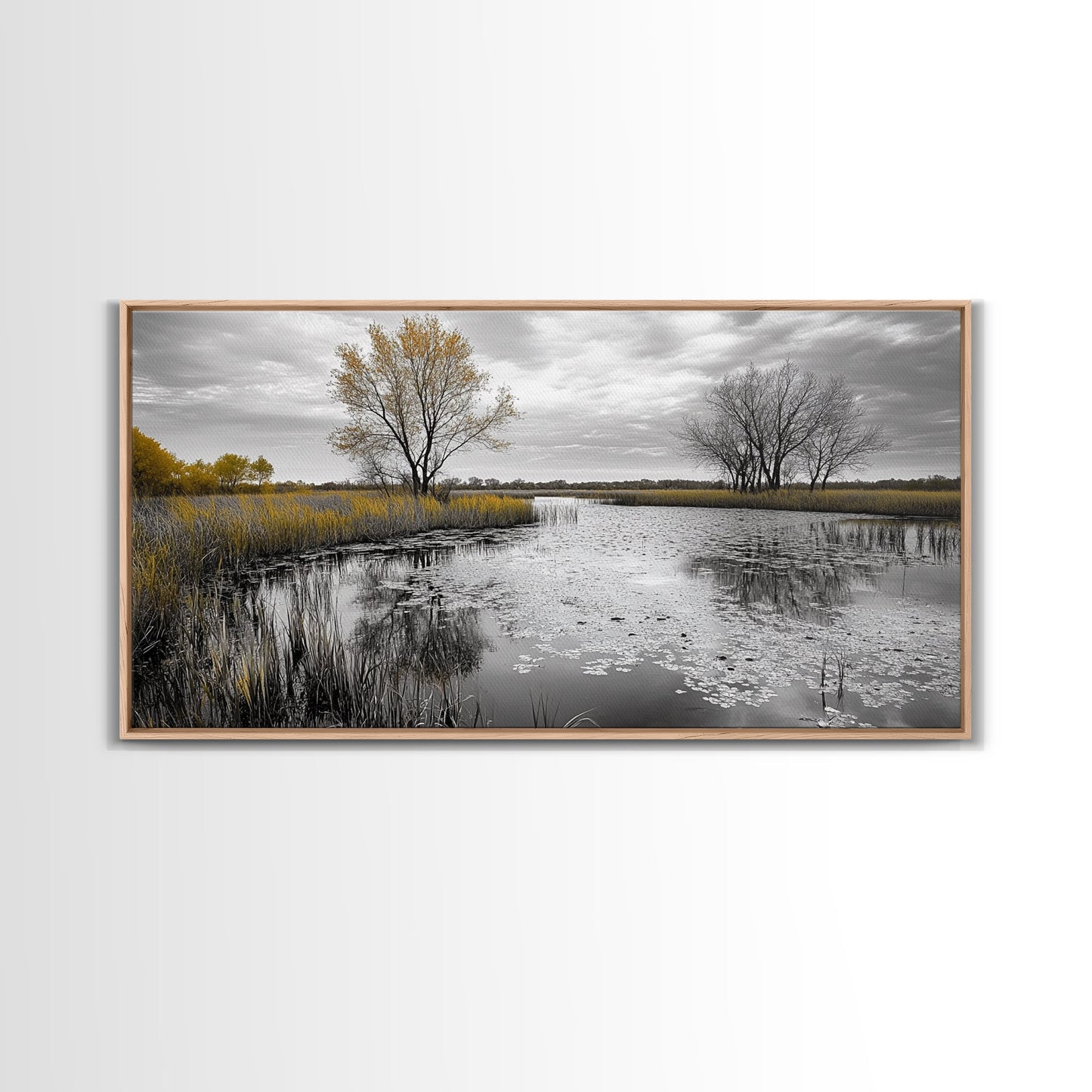 Lily Pond Trees, Serene Reflection, Autumn Landscape, Calm Water Scene, Framed Canvas Print, Nature Wall Art, Fall Living Room Decor