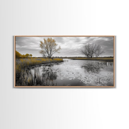 Lily Pond Trees, Serene Reflection, Autumn Landscape, Calm Water Scene, Framed Canvas Print, Nature Wall Art, Fall Living Room Decor