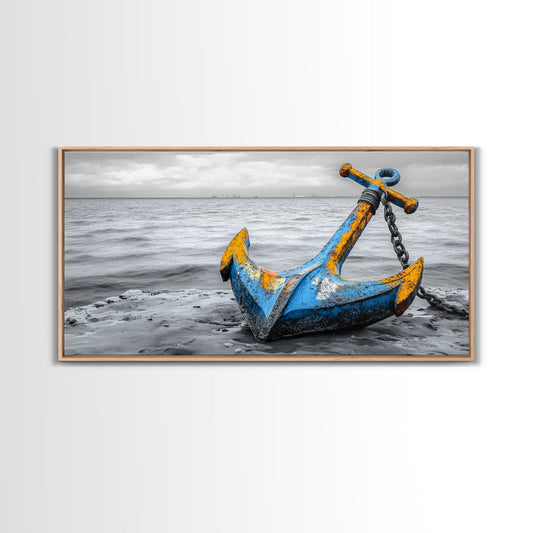 Nautical Anchor, Coastal Wall Art, Bold Color Pop, Industrial Style, Framed Canvas Print, Beach House Decor, Blue Yellow Anchor Scene