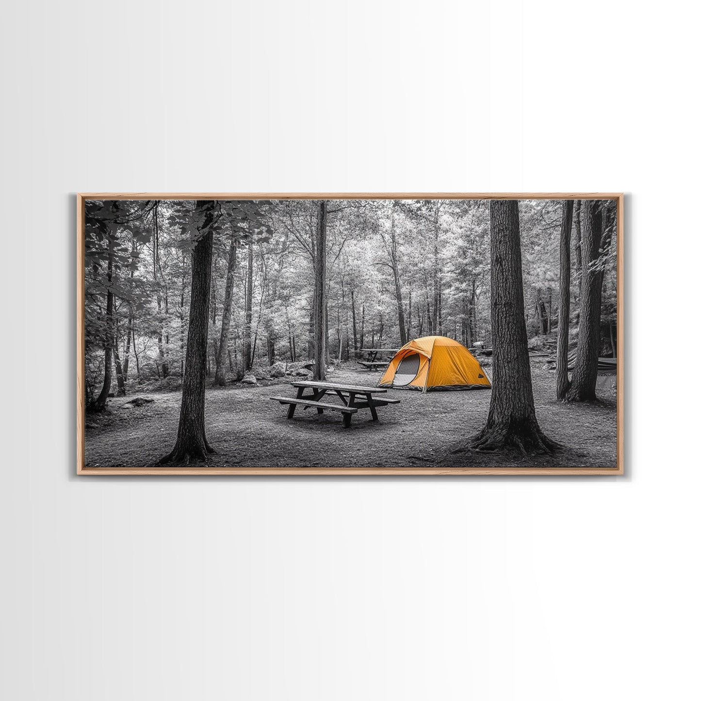 Yellow Tent, Forest Camping, Wilderness Escape, Outdoor Living, Framed Canvas Print, Fall Bedroom Art, Minimalist Nature, Hiking Vibes