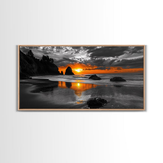 Sunset Beach, Fiery Sky, Ocean Glow, Moody Seascape, Framed Canvas Print coastal living room wall art, dramatic sunset photography